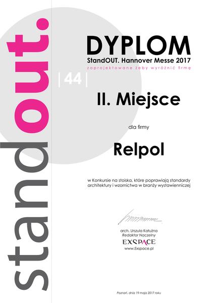 DYPLOM II. Miejsce StandOUT Hannover Messe 2017 Relpol