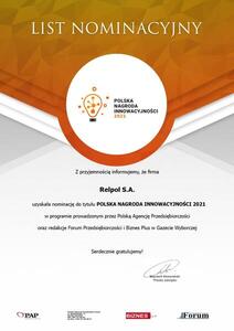List nominacyjny Relpol - Polska Nagroda Innowacyjności 2021