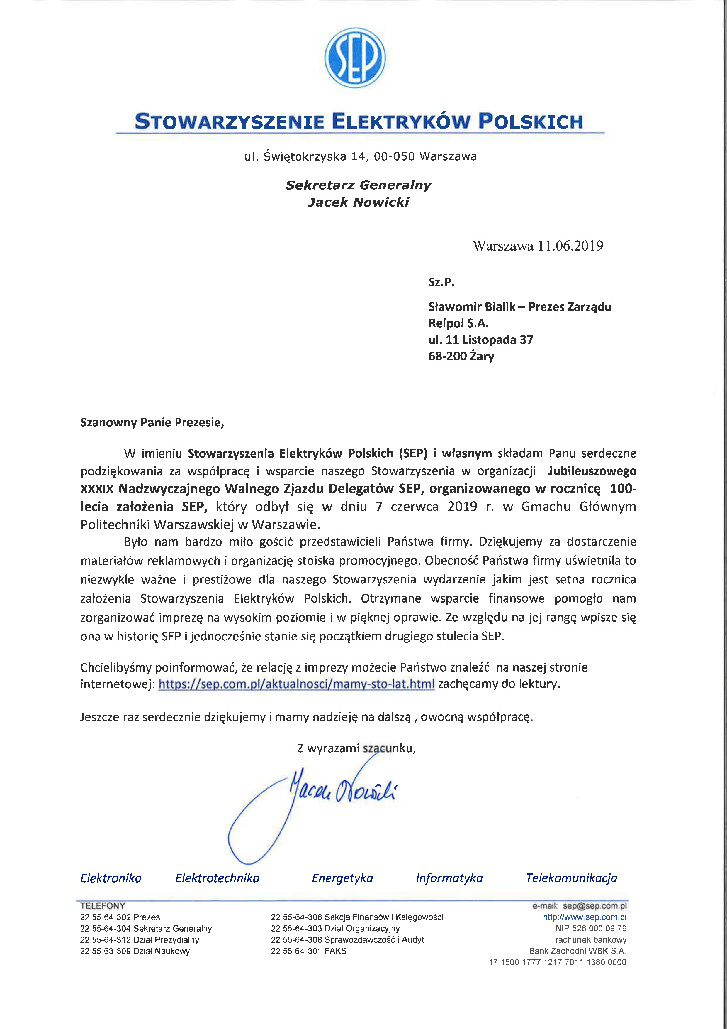 Podziekowanie 100 lecie SEP
