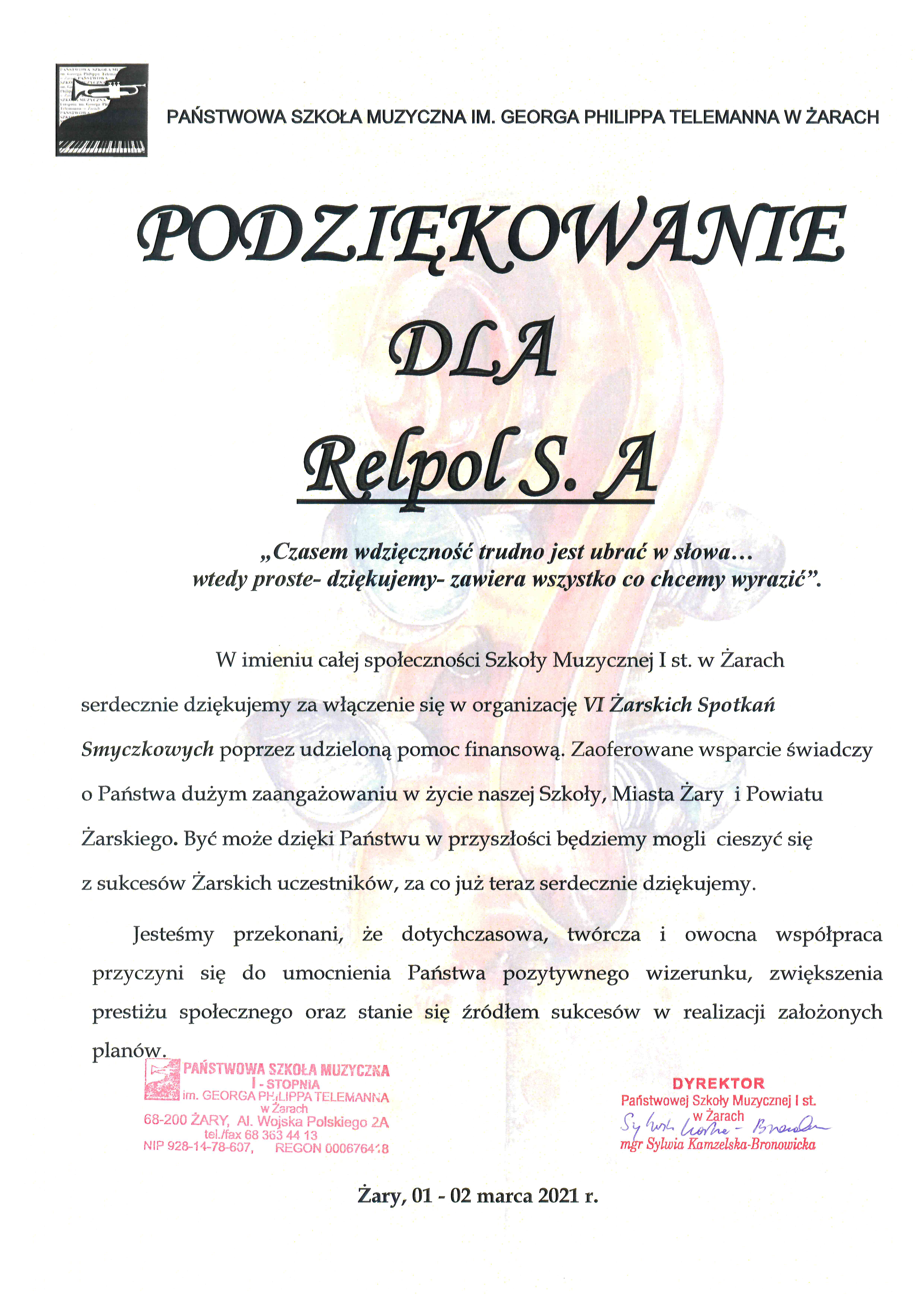 Podziękowanie Szkoła Muzyczna jpg