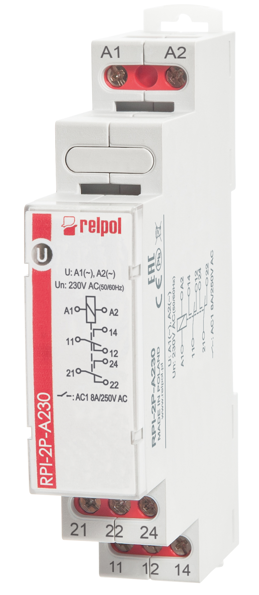 Produkt: RPI-2P-A230 PRZEKAŹNIK INSTALACYJNY MODUŁOWY 8A 2P 1M 250V AC/ 24V DC