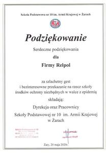 Podziękowanie SP10 w Żarach