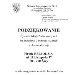 Podziekowanie SP 8 dla Relpol