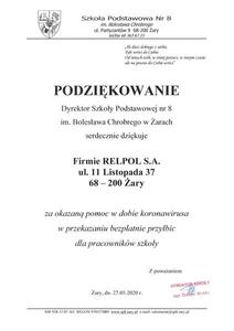 Podziekowanie SP 8 dla Relpol
